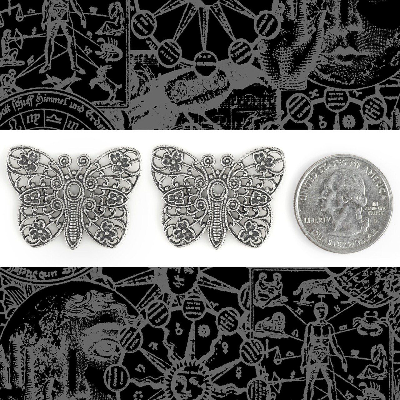 Antiqued Silver Plated Brass Filigree Butterfly Pendant with Center Hole for Rivet - Set of Two - S-P110